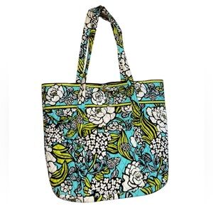 Vera Bradley Large Quilted Island Blooms Blue and Green Floral Cotton Tote Bag